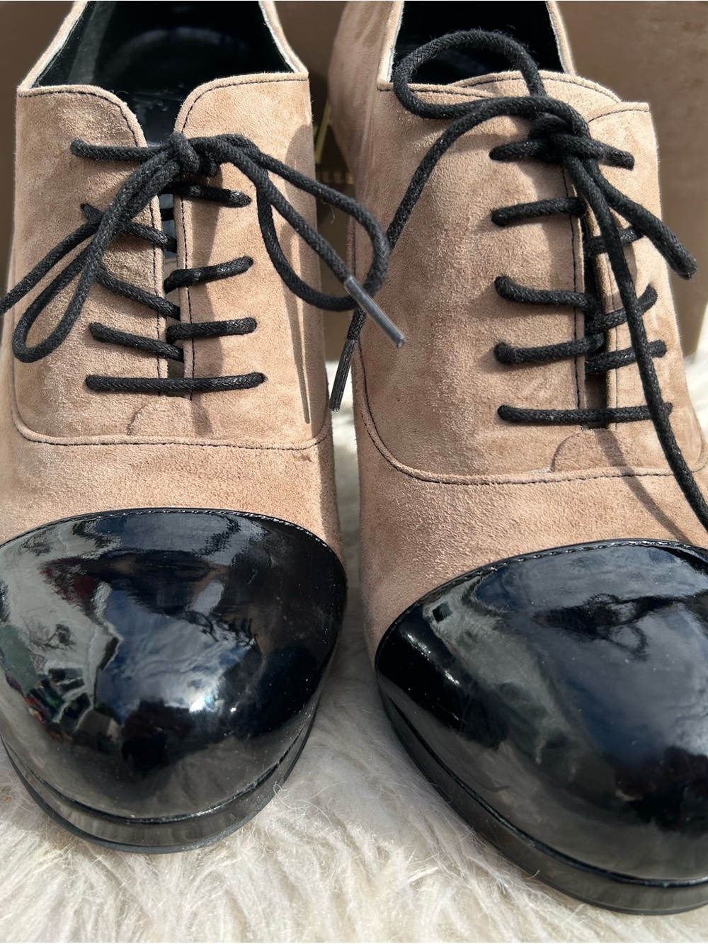 Naturalizer Taupe Suede and Black Patent Cap-Toe Heeled Ankle Boots